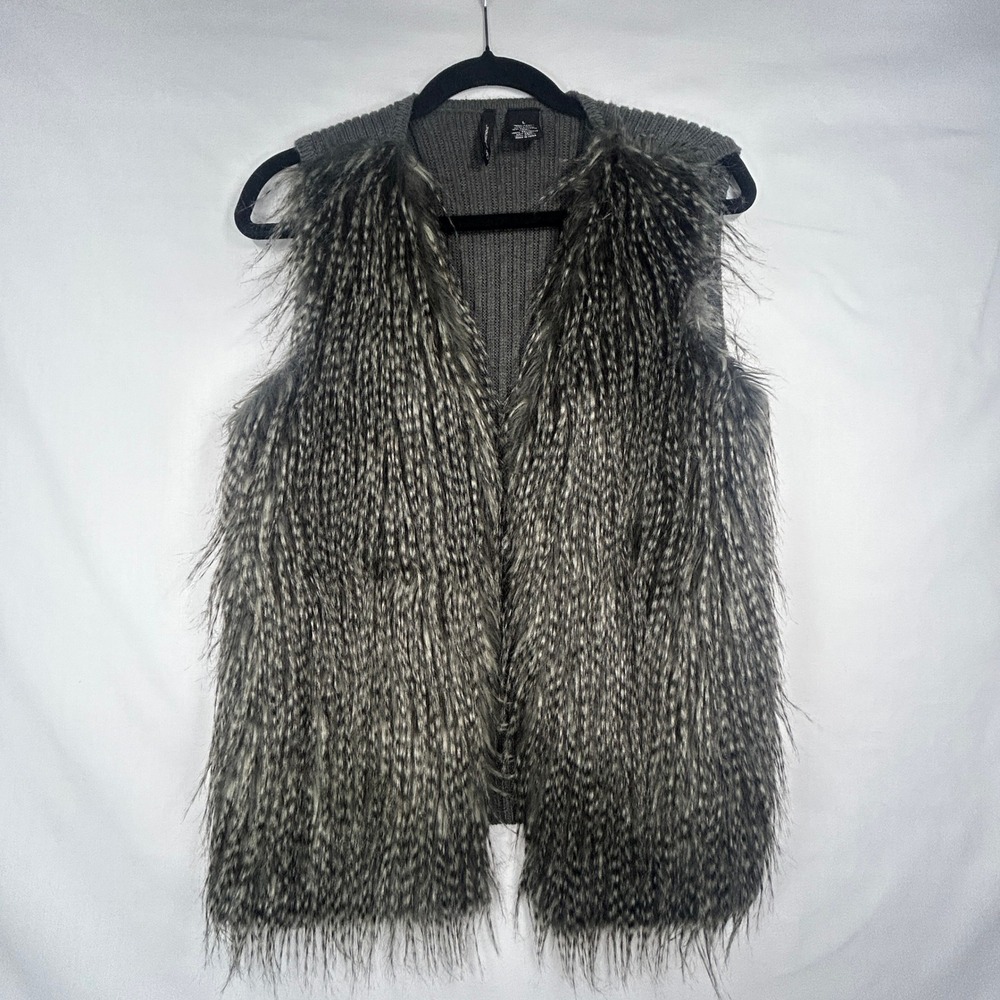 New Directions Gray Faux Fur & Rib Knit Vest Size L